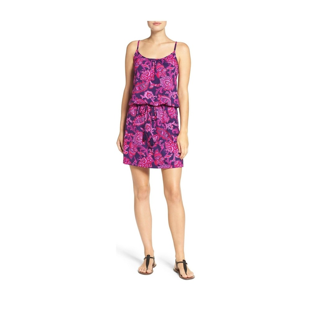 Tommy Bahama XSmall‎ Floral Cover-Up Dress Purple Pink Tassel Drawstring Women's